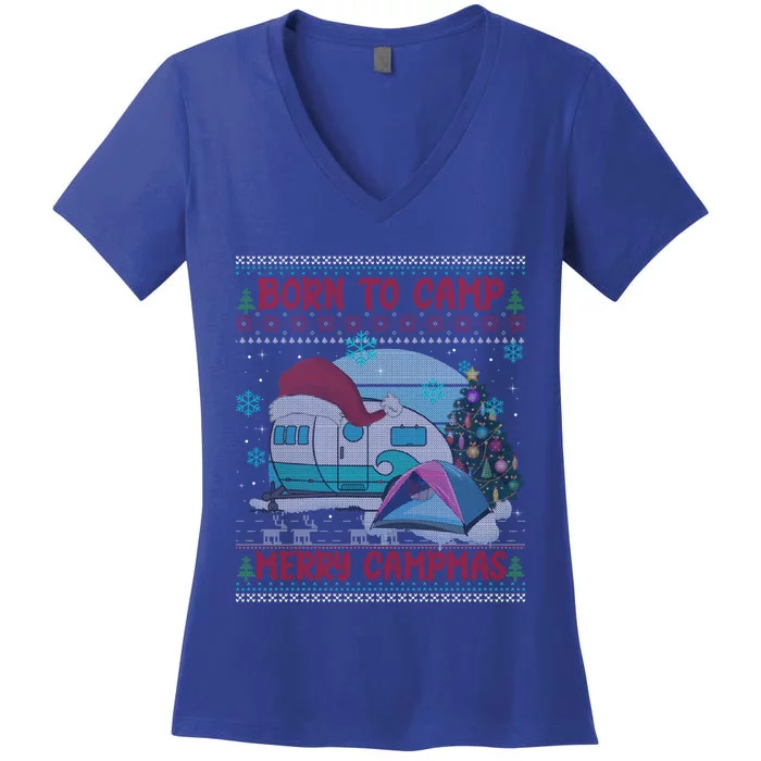 Merry Campmas Funny Camping Camper Christmas Ugly Sweater Gift Women's V-Neck T-Shirt