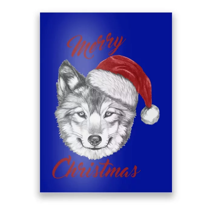 Merry Christmas Funny Wolf Face With Santa Hat Retro Xmas Gift Poster