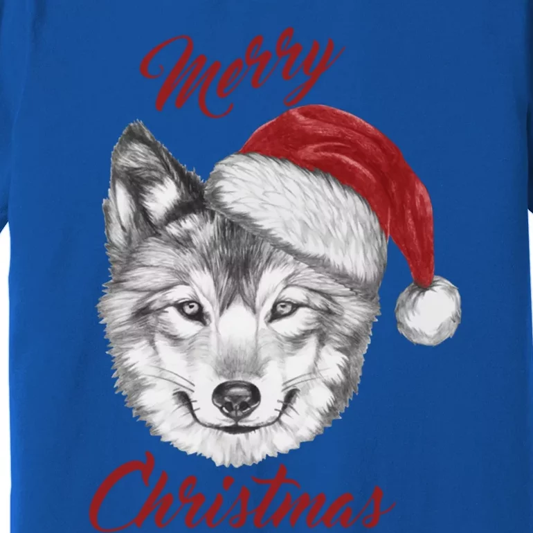 Merry Christmas Funny Wolf Face With Santa Hat Retro Xmas Gift Premium T-Shirt