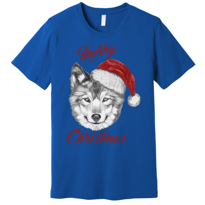 Merry Christmas Funny Wolf Face With Santa Hat Retro Xmas Gift Premium T-Shirt