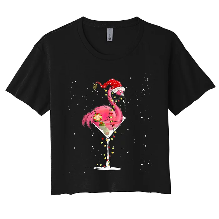 Merry Christmas Flamingo Wine Drinking Lights Xmas Tree Women's Crop Top Tee