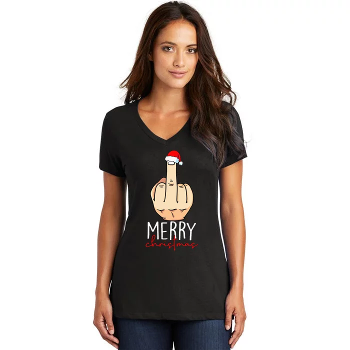 Merry Christmas Funny Middle Finger Women's V-Neck T-Shirt