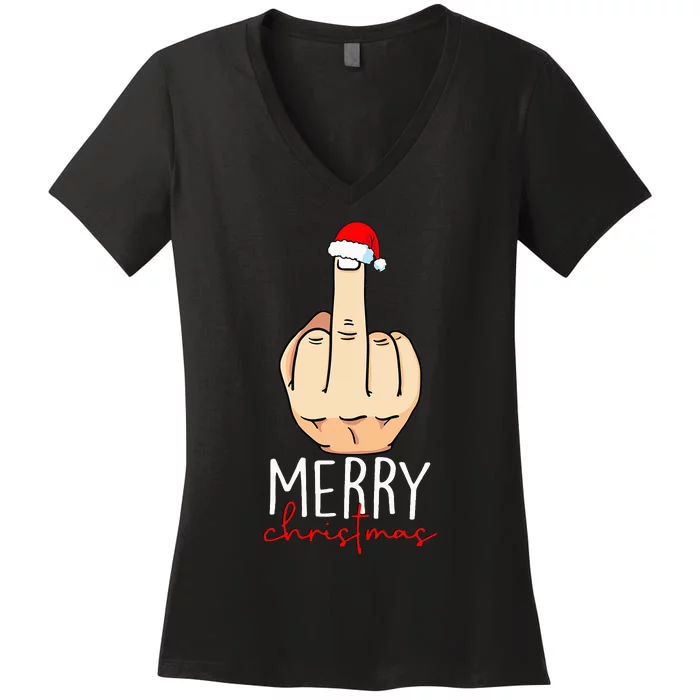 Merry Christmas Funny Middle Finger Women's V-Neck T-Shirt