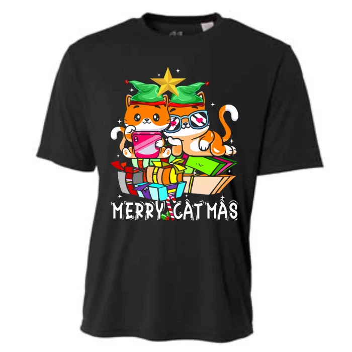 Merry Catmas Funny Cats Books Gnome And Coffee Christmas Tree Great Gift Cooling Performance Crew T-Shirt