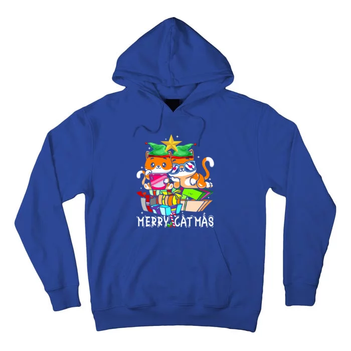 Merry Catmas Funny Cats Books Gnome And Coffee Christmas Tree Great Gift Tall Hoodie