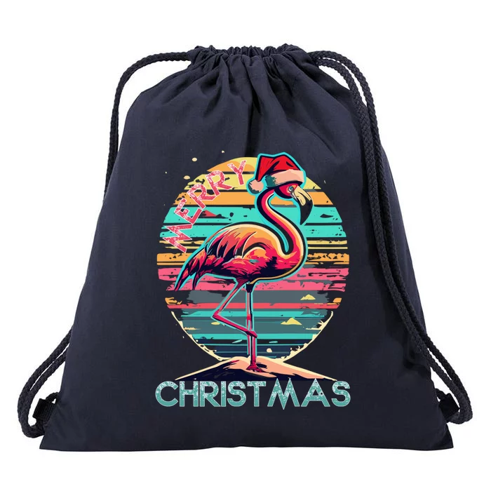 Merry Christmas Flamingo Pink Flamingo Christmas Xmas Gift Drawstring Bag