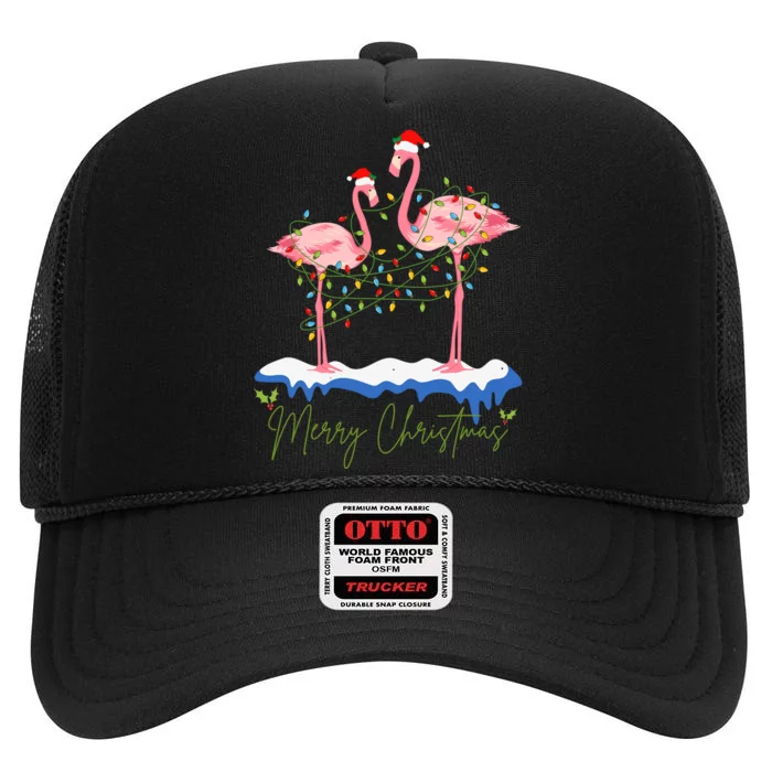 Merry Christmas Flamingo Holiday High Crown Mesh Trucker Hat