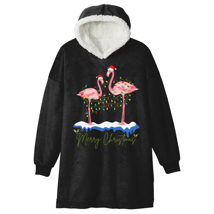 Merry Christmas Flamingo Holiday Hooded Wearable Blanket