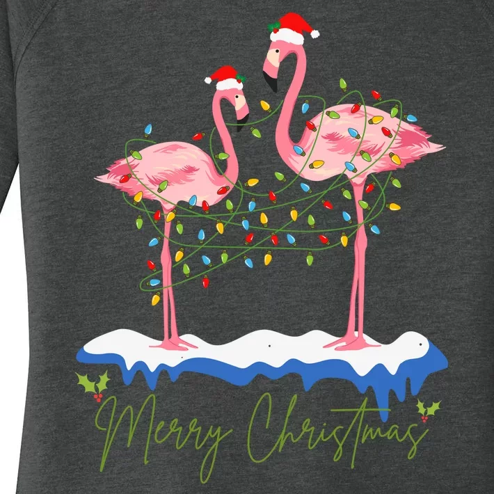 Merry Christmas Flamingo Holiday Women's Perfect Tri Tunic Long Sleeve Shirt