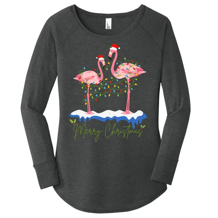 Merry Christmas Flamingo Holiday Women's Perfect Tri Tunic Long Sleeve Shirt