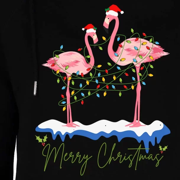 Merry Christmas Flamingo Holiday Womens Funnel Neck Pullover Hood