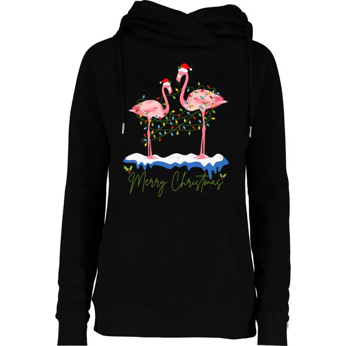 Merry Christmas Flamingo Holiday Womens Funnel Neck Pullover Hood