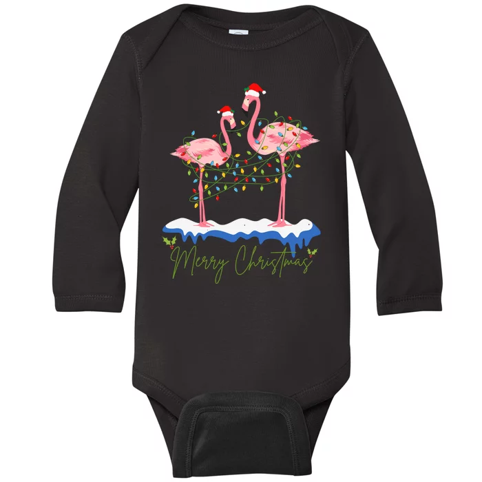 Merry Christmas Flamingo Holiday Baby Long Sleeve Bodysuit