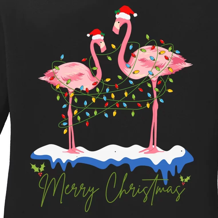 Merry Christmas Flamingo Holiday Ladies Long Sleeve Shirt