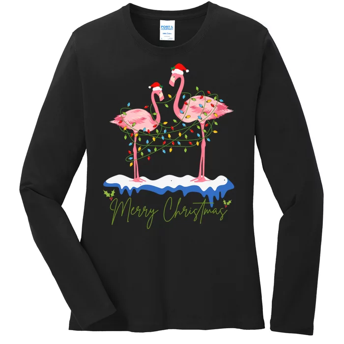 Merry Christmas Flamingo Holiday Ladies Long Sleeve Shirt