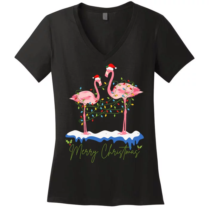 Merry Christmas Flamingo Holiday Women's V-Neck T-Shirt