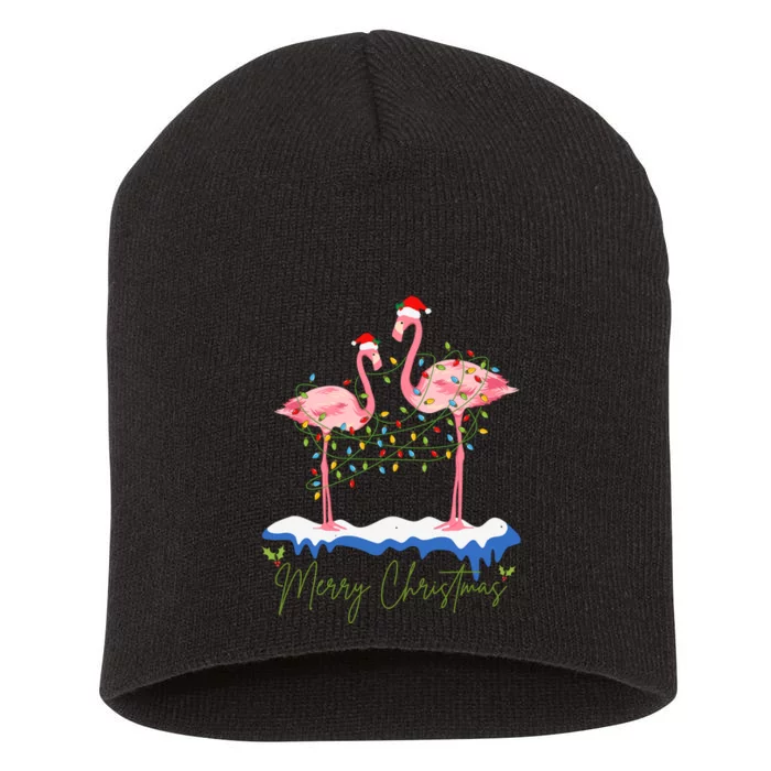 Merry Christmas Flamingo Holiday Short Acrylic Beanie