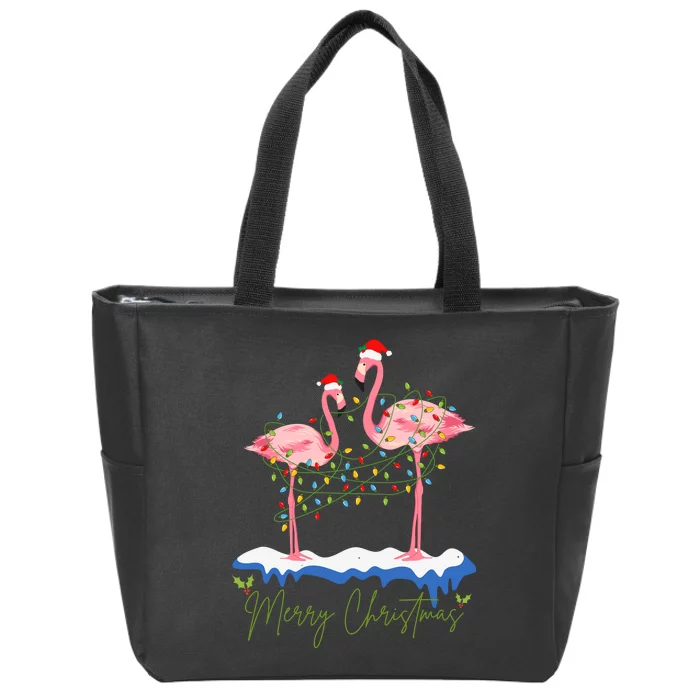 Merry Christmas Flamingo Holiday Zip Tote Bag