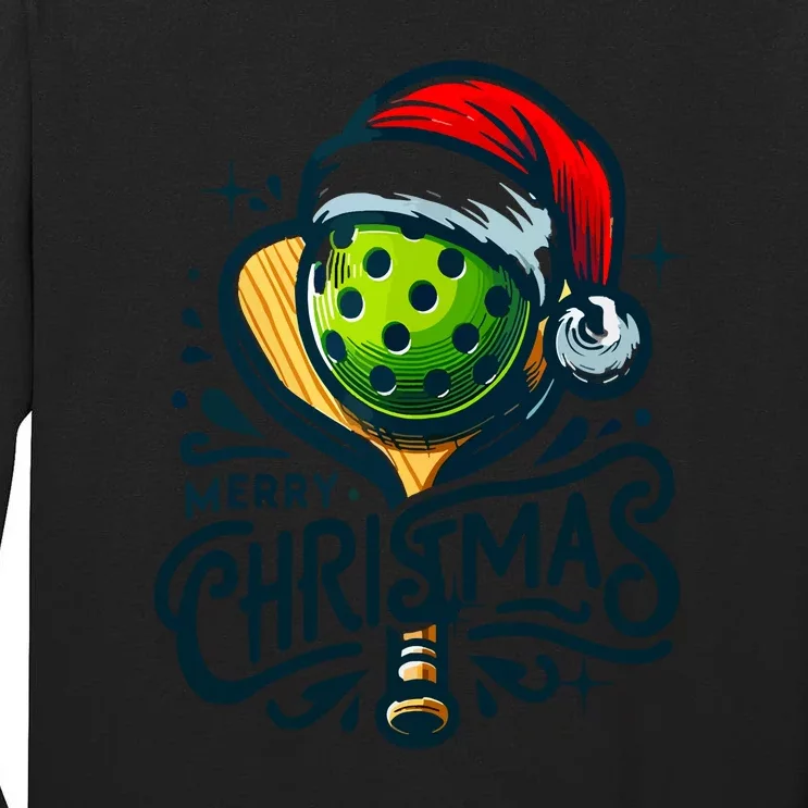 Merry Christmas Funny Pickleball Pickle Ball And Paddle Santa Hat Gift For Xmas Tall Long Sleeve T-Shirt