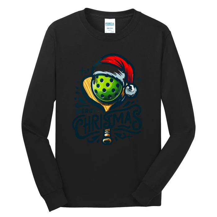 Merry Christmas Funny Pickleball Pickle Ball And Paddle Santa Hat Gift For Xmas Tall Long Sleeve T-Shirt