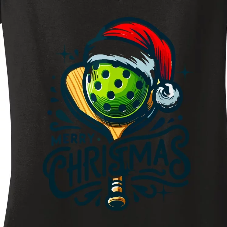 Merry Christmas Funny Pickleball Pickle Ball And Paddle Santa Hat Gift For Xmas Women's V-Neck T-Shirt