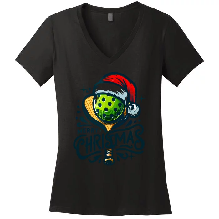 Merry Christmas Funny Pickleball Pickle Ball And Paddle Santa Hat Gift For Xmas Women's V-Neck T-Shirt