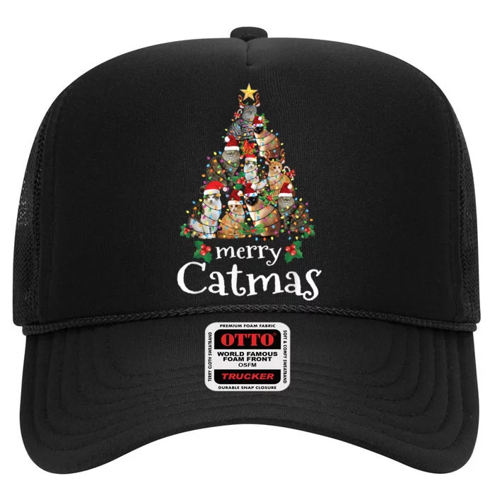 Merry Catmas Funny Cat Mom Cat Dad Christmas Cat High Crown Mesh Trucker Hat