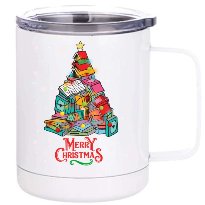 Merry Christmas Funny Books Christmas Tree Librarian Teacher Gift Front & Back 12oz Stainless Steel Tumbler Cup