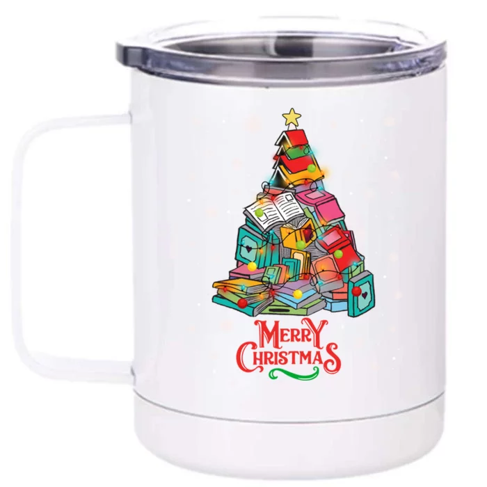 Merry Christmas Funny Books Christmas Tree Librarian Teacher Gift Front & Back 12oz Stainless Steel Tumbler Cup