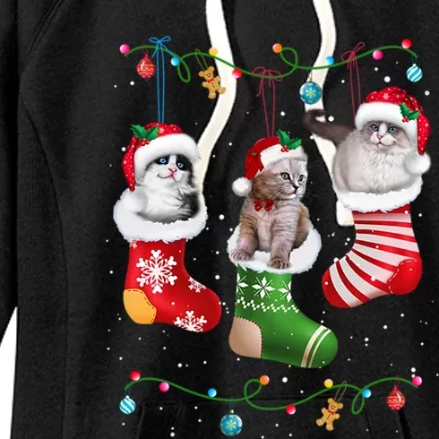 Meowy Catmas Funny Cats In Christmas Sock Pajamas Funny Gift Women's Fleece Hoodie