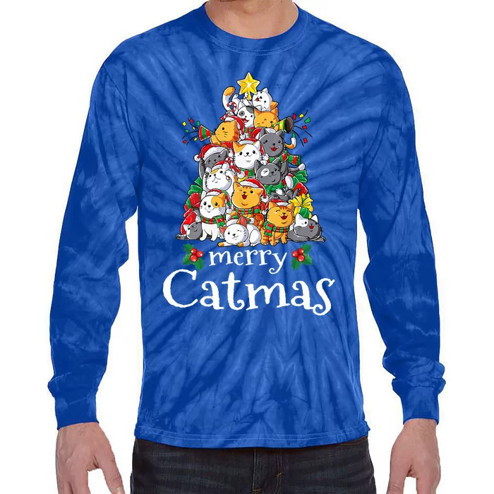 Merry Catmas Funny Cat Dad Cat Mom Christmas Cat Tie-Dye Long Sleeve Shirt