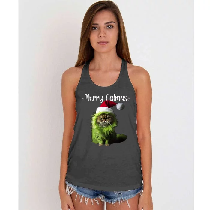 Merry Catmas Funny Cat Christmas Tank Top Women's Knotted Racerback Tank