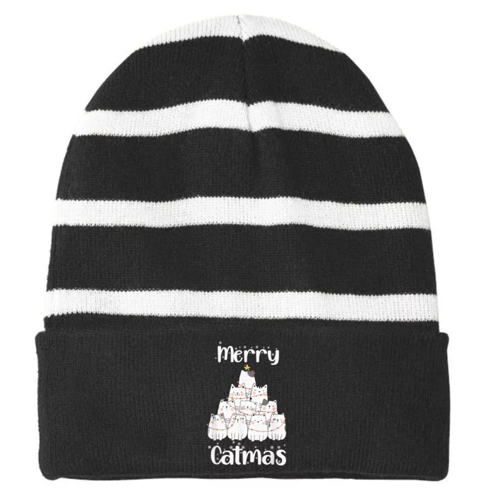 Merry Catmas Funny Merry Christmas Cat Pun for Cat Lovers Striped Beanie with Solid Band