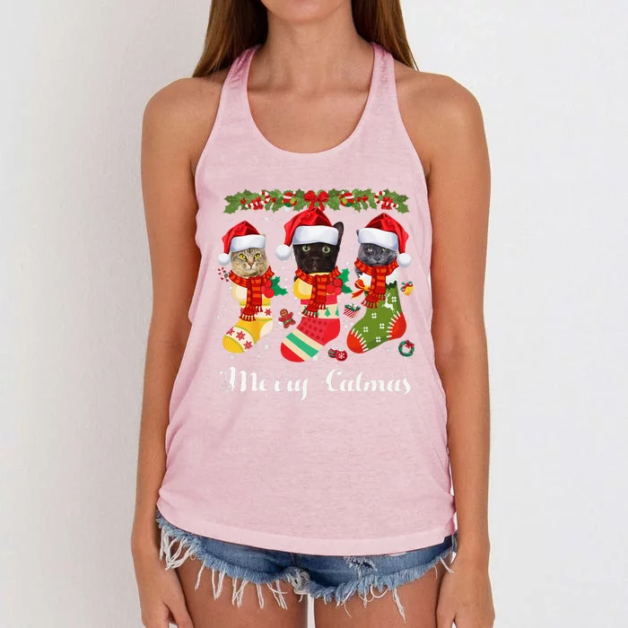 Merry Catmas Funny Cat Decor Cat Mom Cat Dad Cat Christmas Women's Knotted Racerback Tank