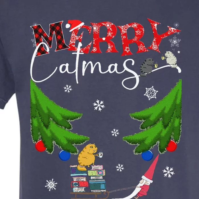 Merry Catmas Funny Cats Books Gnome & Coffee Christmas Tree Garment-Dyed Heavyweight T-Shirt