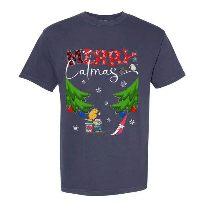 Merry Catmas Funny Cats Books Gnome & Coffee Christmas Tree Garment-Dyed Heavyweight T-Shirt