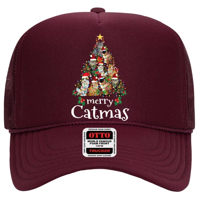 Merry Catmas Funny Cat Mom Cat Dad Christmas Cat High Crown Mesh Trucker Hat