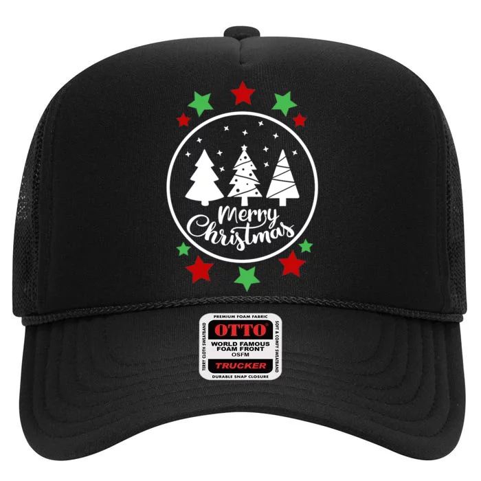 Merry Christmas Festive Circle Logo High Crown Mesh Trucker Hat