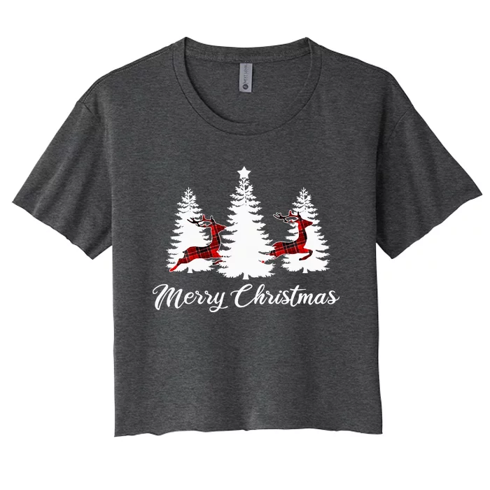 Merry Christmas For Women Buffalo Plaid Reindeer Tree Women's Crop Top Tee