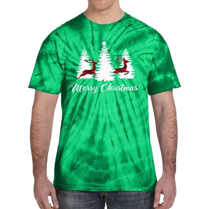 Merry Christmas For Women Buffalo Plaid Reindeer Tree Tie-Dye T-Shirt