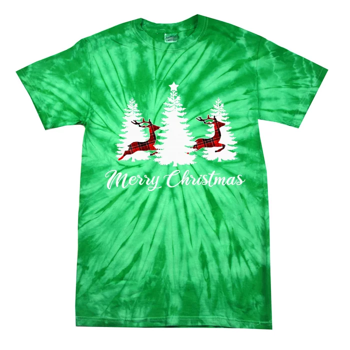 Merry Christmas For Women Buffalo Plaid Reindeer Tree Tie-Dye T-Shirt