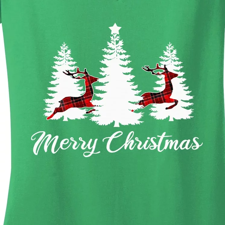 Merry Christmas For Women Buffalo Plaid Reindeer Tree Women's V-Neck T-Shirt