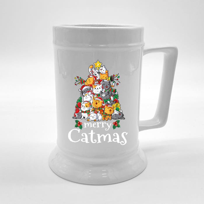 Merry Catmas Funny Cat Dad Cat Mom Christmas Cat Front & Back Beer Stein