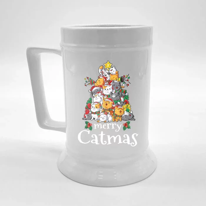 Merry Catmas Funny Cat Dad Cat Mom Christmas Cat Front & Back Beer Stein