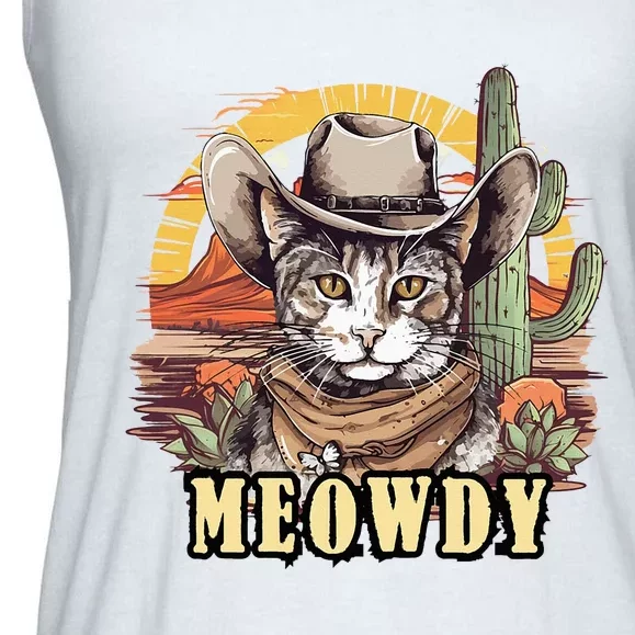 Meowdy Cat Funny Howdy Meme Wild West Cowboy Hat Ladies Essential Flowy Tank