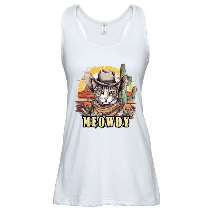 Meowdy Cat Funny Howdy Meme Wild West Cowboy Hat Ladies Essential Flowy Tank