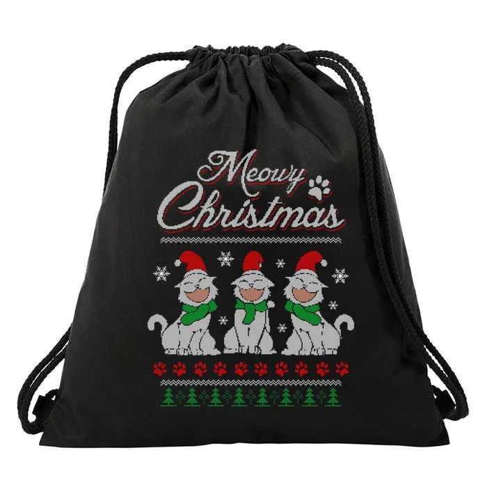 Meowy Catmas Funny Merry Christmas Kitten Cat Ugly Sweater Drawstring Bag