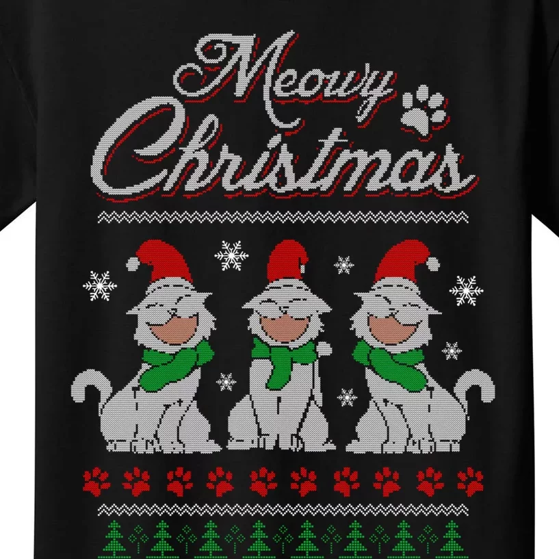 Meowy Catmas Funny Merry Christmas Kitten Cat Ugly Sweater Kids T-Shirt