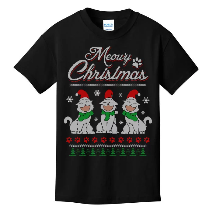 Meowy Catmas Funny Merry Christmas Kitten Cat Ugly Sweater Kids T-Shirt