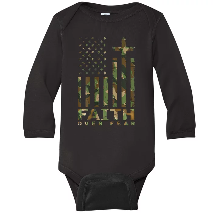 Military Camo Faith Over Fear Inspirational Christian Baby Long Sleeve Bodysuit